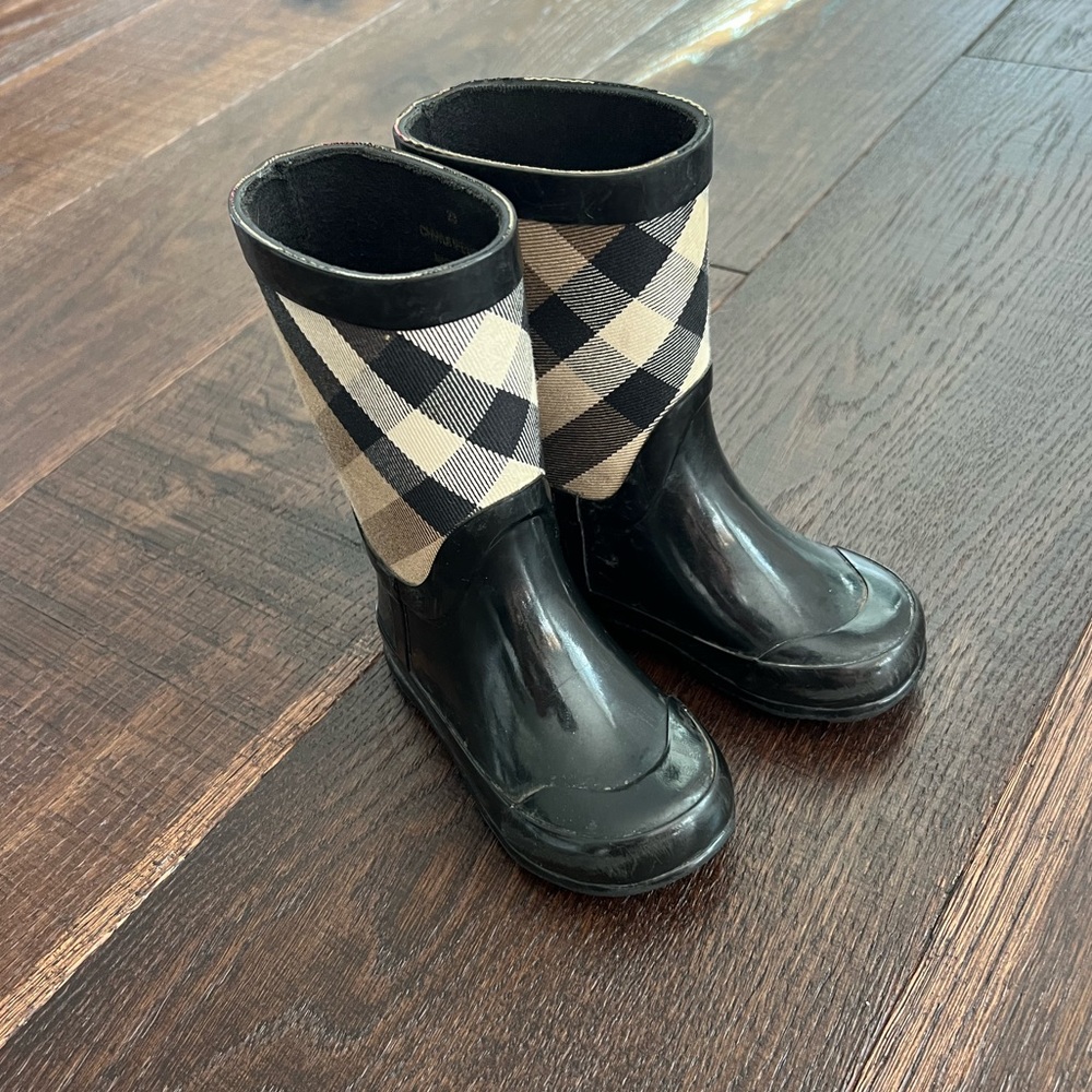 Children’s Burberry rain boots.